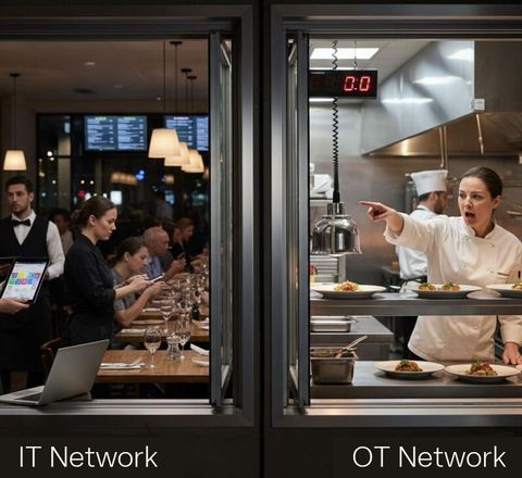 Figure 2: Structural mismatch between IT agility and OT determinism: The waiter aims to get 10 orders to the kitchen as fast as possible. The chef‘s command is: “Toast 45 seconds per side.” Figure 2: Structural mismatch between IT agility and OT determinism: The waiter aims to get 10 orders to the kitchen as fast as possible. The chef‘s command is: “Toast 45 seconds per side.”