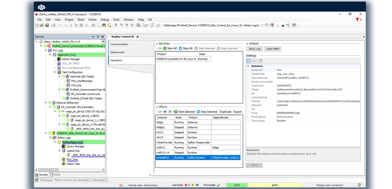 Figure 3: Screenshot of the deployment tool for setting up virtual functional and safe controllers in the Codesys Development System.