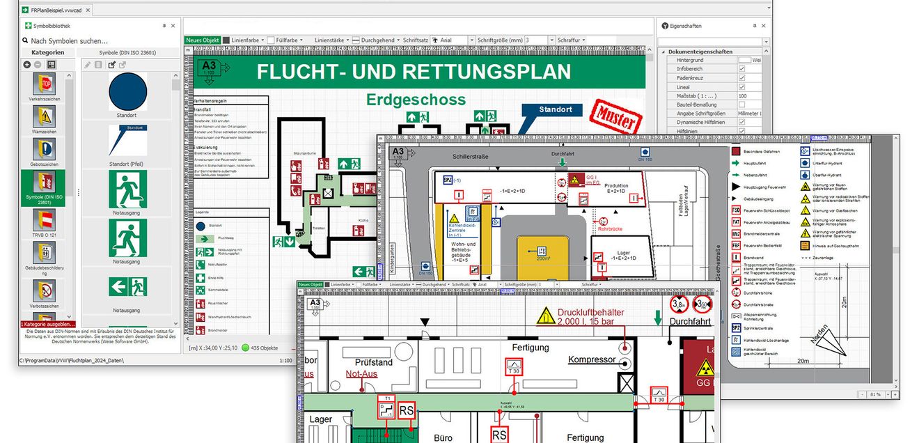 Fluchtplan von Weise Software, die Fluchwege eines Gebäudes sind in dem digitalen Plan grün eingefärbt Fluchtplan von Weise Software, die Fluchwege eines Gebäudes sind in dem digitalen Plan grün eingefärbt