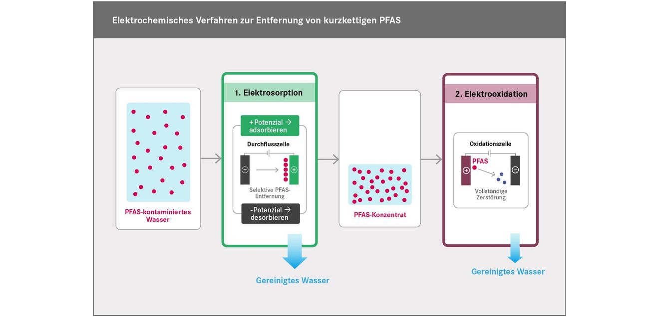 Kurzkettige PFAS effizient zerstören: Verfahren zur Entfernung von Perfluorbutansäure aus Wasser Grafik: Im Verlauf des UFZ-Verfahrens werden die PFAS zuerst durch Elektrosorption abgetrennt und angereichert (Schritt 1) und danach durch Elektrooxidation zerstört (Schritt 2). Übrig bleiben vor allem CO2 und Fluorid.