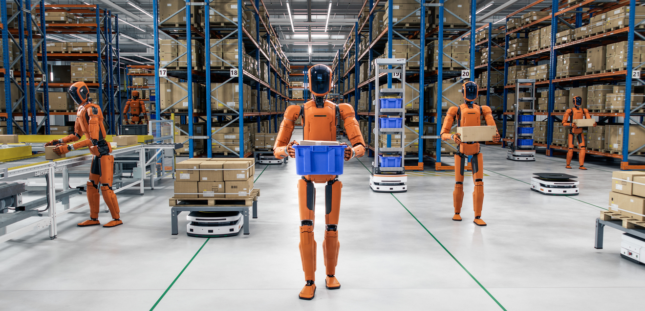 Humanoide Roboter in Lagerhalle