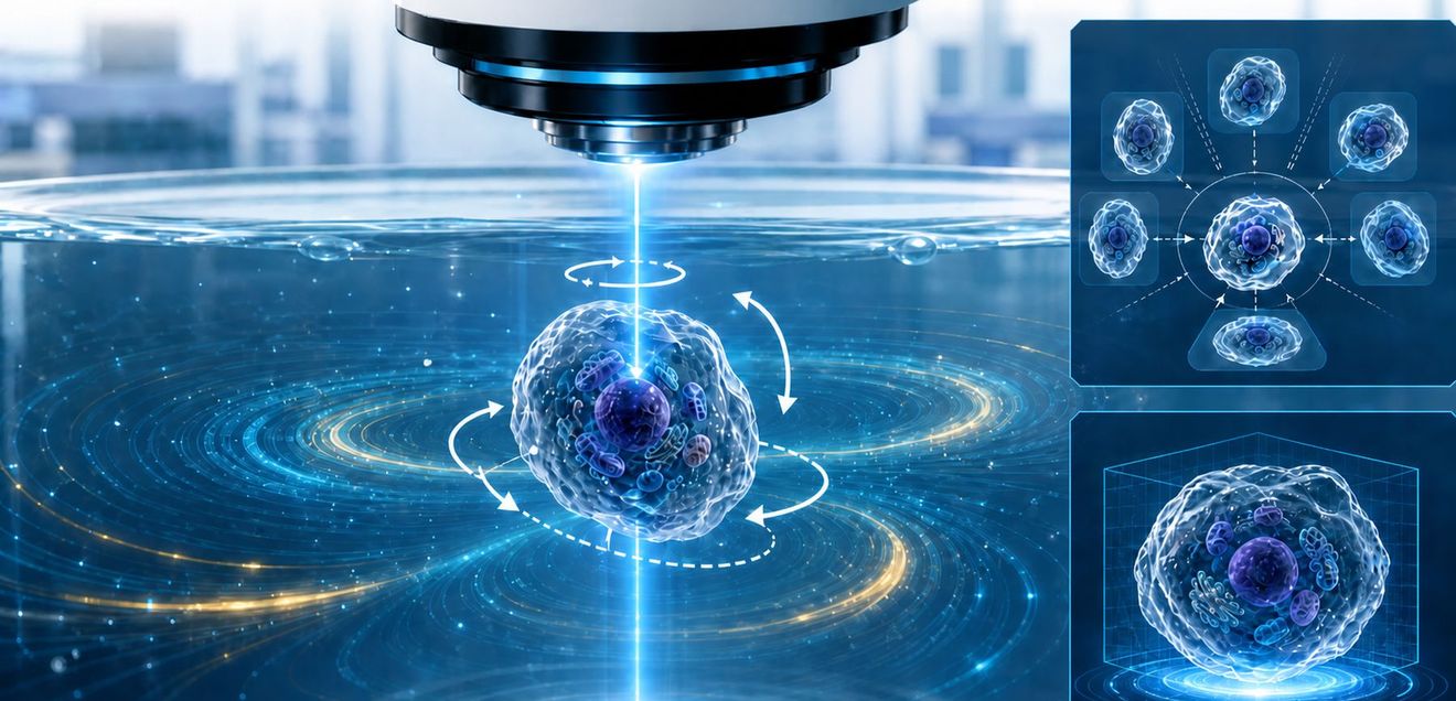3D-Mikroskopie: Laser dreht empfindliche Zellproben erstmals kontaktfrei unter dem Mikroskop Grafik: Der Laser dreht empfindliche Zellproben unter dem Mikroskop kontaktfrei.