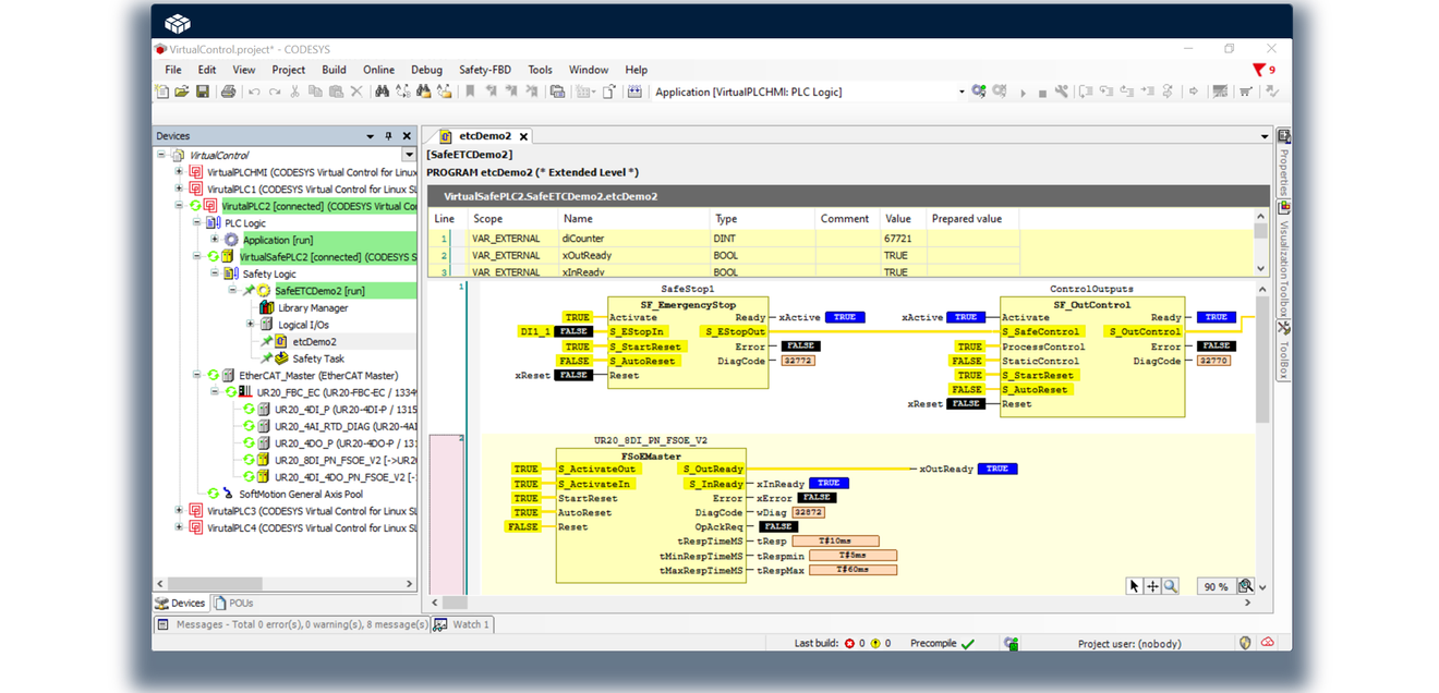 Figure 2: Screenshot of the Codesys Development System with SIL3 application (right) on a virtual safety controller (left in the tree).