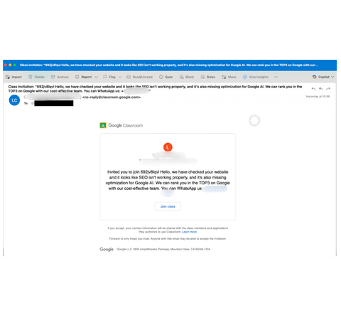Example of a phishing email offering a consulting service for SEO optimization. Example of a phishing email offering a consulting service for SEO optimization.