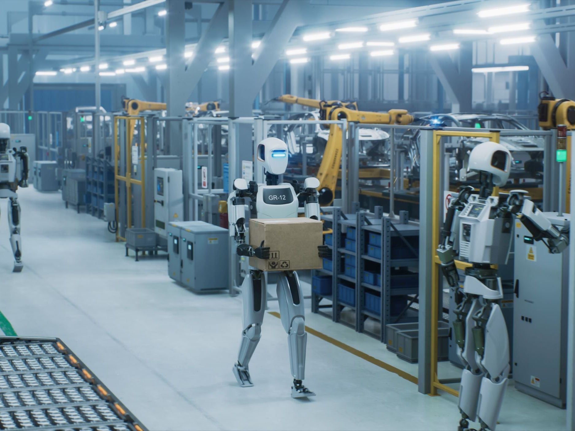 Humanoide Roboter arbeiten autonom in einer Fabrik