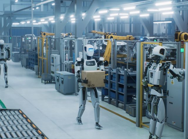 Humanoide Roboter arbeiten autonom in einer Fabrik