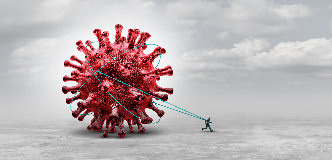 Zeichnung: grauer Hintergrund, eine Person zieht ein riesiges rotes Coronavirus hinter sich her und ist deutlich angestrengt. Das Bild steht als Symbolbild für das Leiden von Betroffenen mit Post-Covid und für fehlende Leitlinien bei der Versorgung von Patientinnen und Patienten mit Long-Covid Symptomen
