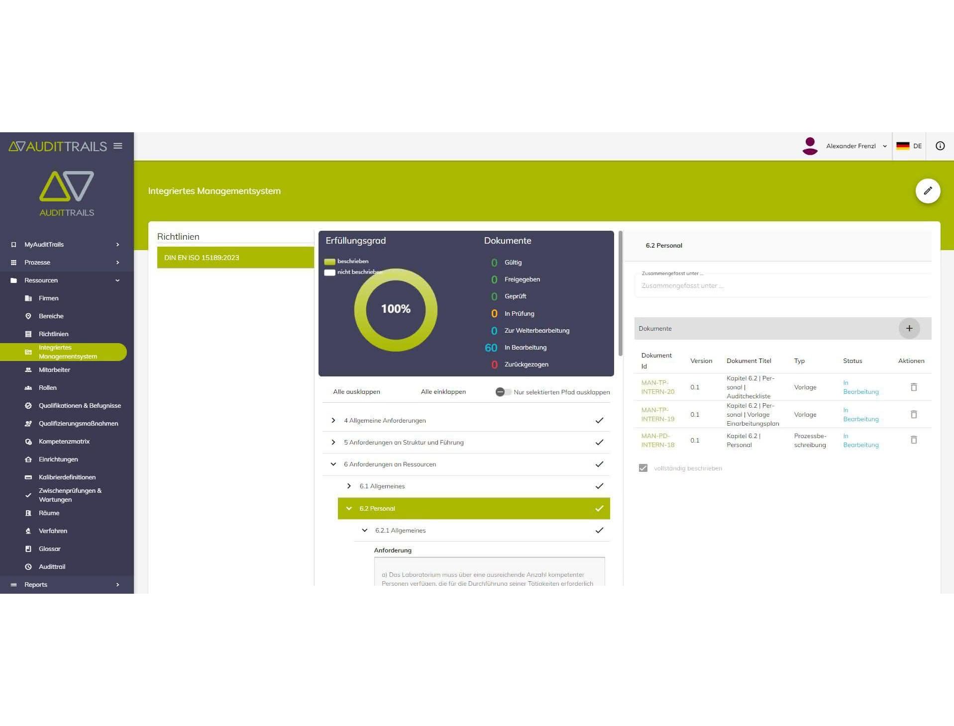 Akkreditierung nach DIN EN ISO/IEC 17025: Ein digitales Managementsystem implementieren Screenshot (Ausschnitt) aus einem digitalen System für Qualitätsmanagement