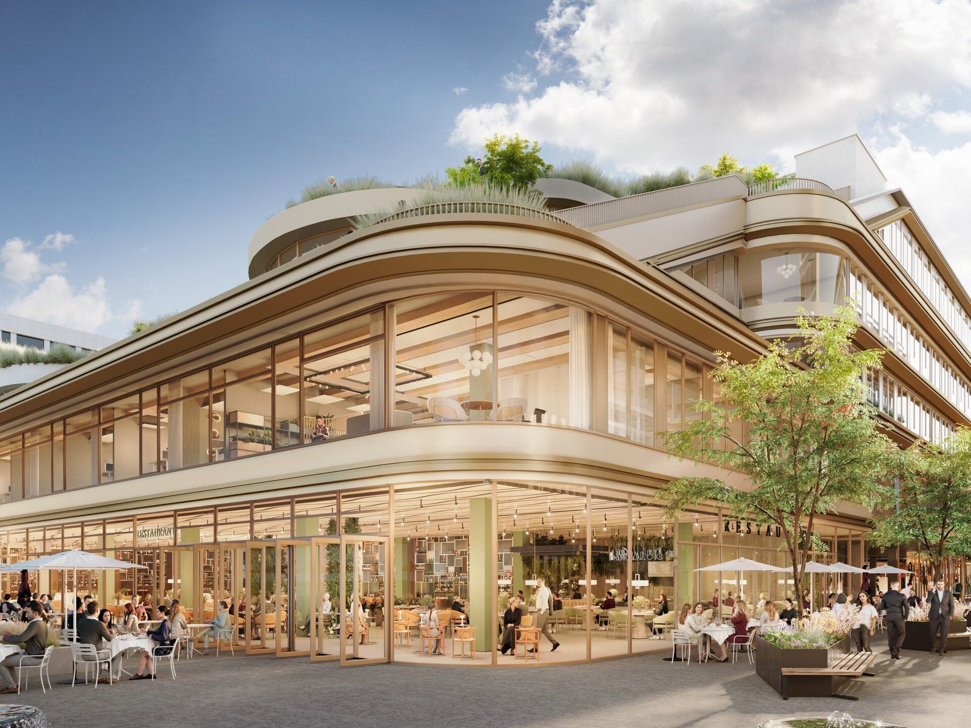 Das begrünte, begehbare Schrägdach mit Dachterrassen und die großen Panoramafenster verbinden das Gebäude optisch mit dem Schlossgarten.