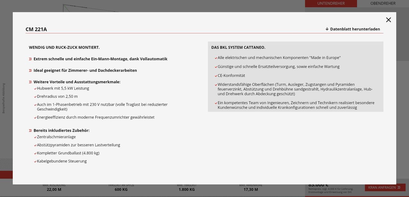 Der BKL Krankonfigurator bietet eine Produktbeschreibung mit Ausstattungsmerkmalen, Vorteilen und dem standardmäßig enthaltenen Zubehör. Eine Übersicht der Funktionen des BKL Krankonfigurators