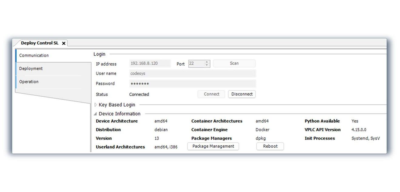 Bild 2: Das Deploy-Tool im ‚Codesys Development System‘ ist per SSH mit dem Zielsystem verbunden und kommandiert per Python-Skript die komplette Administration der Container-Images. Unten: Anzeige der verfügbaren Geräteinformationen zu den erforderlichen Eigenschaften des Linux-Basissystems. Bild 2: Das Deploy-Tool im ‚Codesys Development System‘ ist per SSH mit dem Zielsystem verbunden und kommandiert per Python-Skript die komplette Administration der Container-Images. Unten: Anzeige der verfügbaren Geräteinformationen zu den erforderlichen Eigenschaften des Linux-Basissystems.