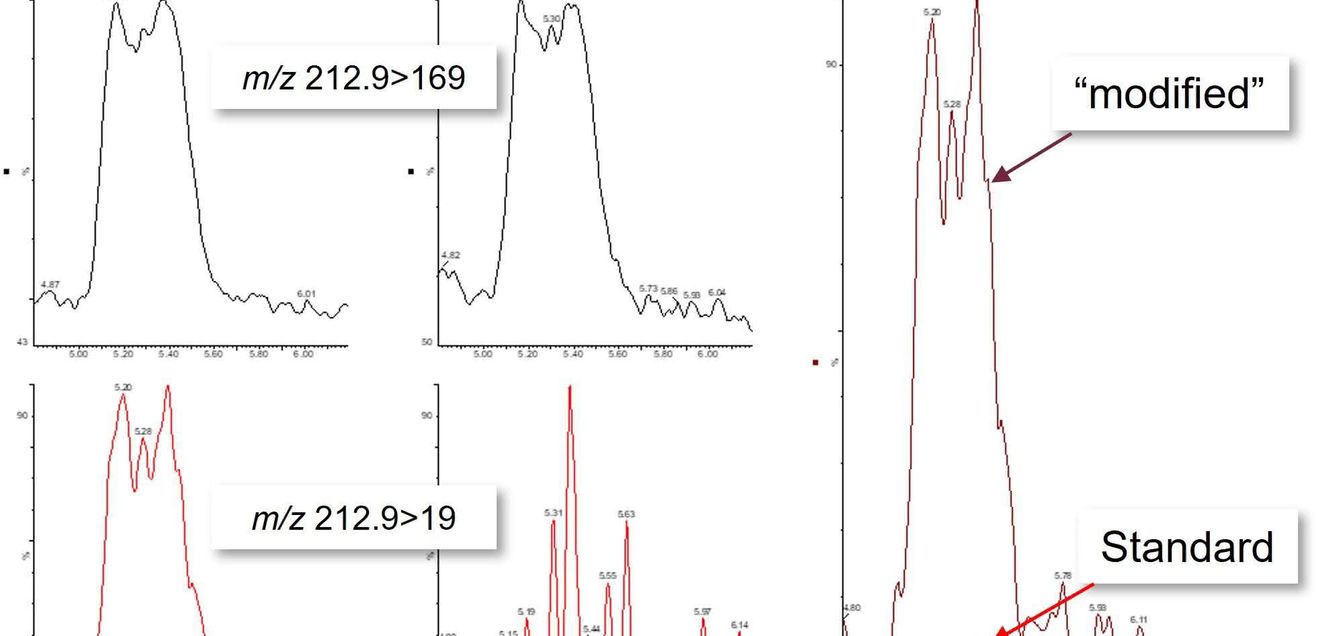 Chromatogramme des Quantifier- und des Qualifier-Übergangs von PFBA in einer Oberflächenwasser-Probe Chromatogramme des Quantifier- und des Qualifier-Übergangs von PFBA in einer Oberflächenwasser-Probe