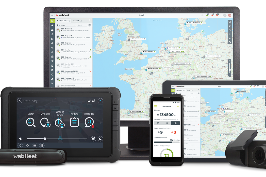 25 Jahre Webfleet Übersicht der Lösungen von Webfleet, neben einer Kamera Softwaretools und online-Karten.