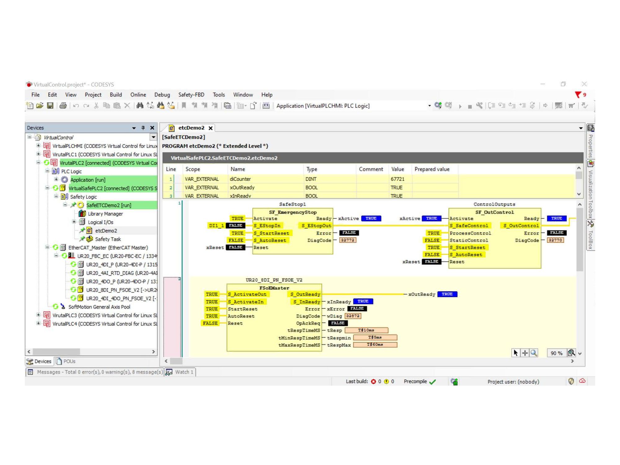 Screenshot des Codesys-Development-Systems mit SIL3-Applikation (rechts) auf einer virtuellen Sicherheitssteuerung (links im Baum).