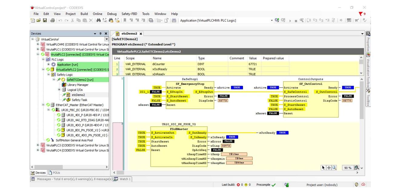 Screenshot des Codesys-Development-Systems mit SIL3-Applikation (rechts) auf einer virtuellen Sicherheitssteuerung (links im Baum).
