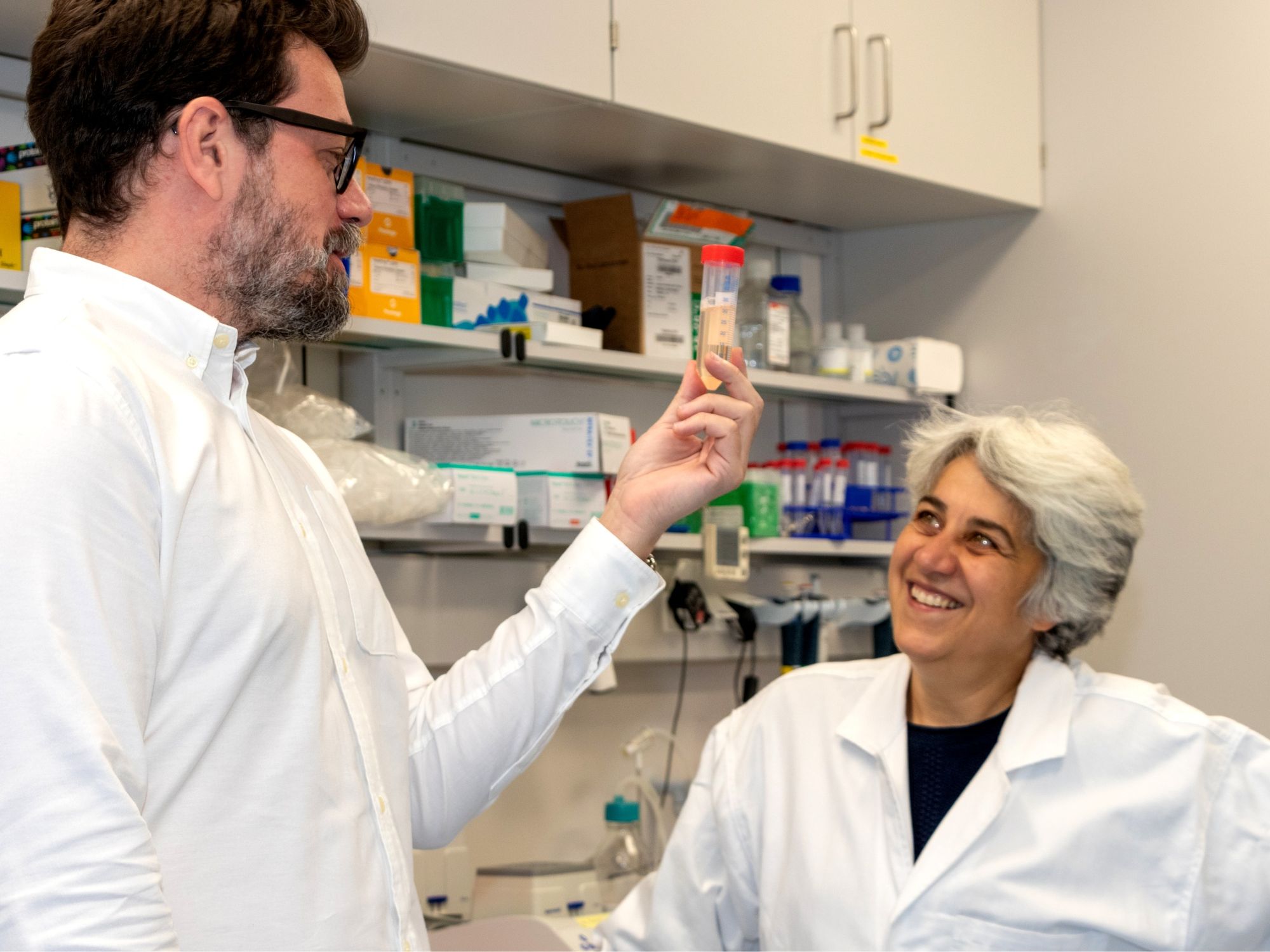 Prof. Dr. Argyris Papantonis und Prof. Dr. Francesca Odoardi bei der Arbeit im Labor.