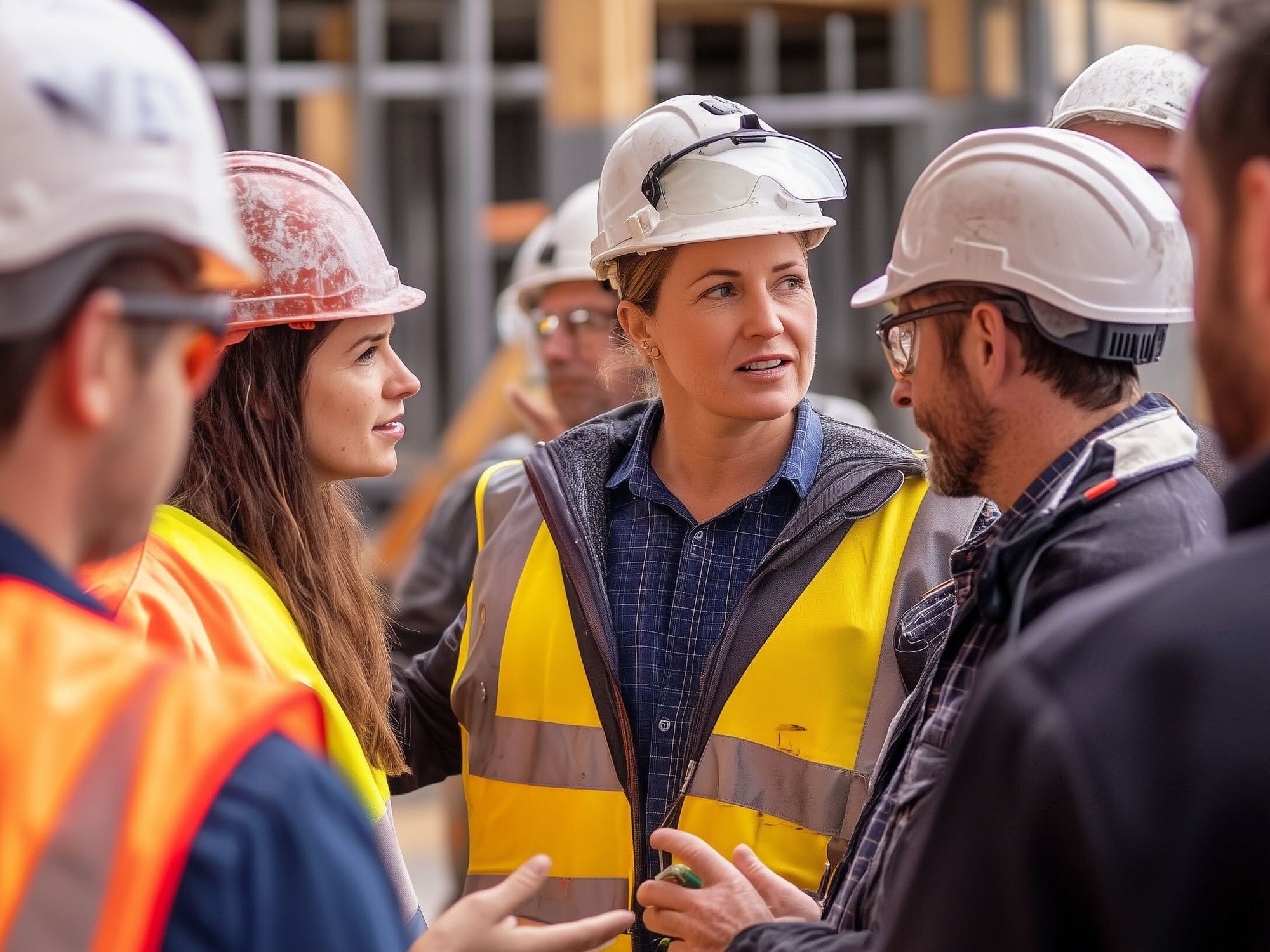 Eine Gruppe von Arbeiterinnen und Arbeitern diskutiert auf einer Baustelle