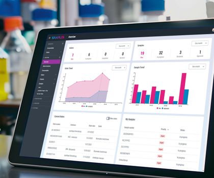 Produkt des Jahres 2025 - Kategorie Laborsoftware: Managementsystem "SAMPLES" Bildschirm eines Notebook zeigt Screen aus dem System SAMPLES