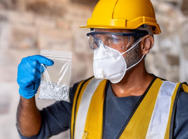Bauarbeiter auf der Baustelle mit einer Asbest-Probe Bauarbeiter auf der Baustelle mit einer Asbest-Probe