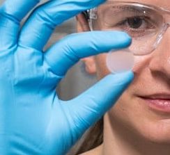 Empa-Forscherin zeigt eine Materialprobe Empa-Forscherin zeigt eine Materialprobe