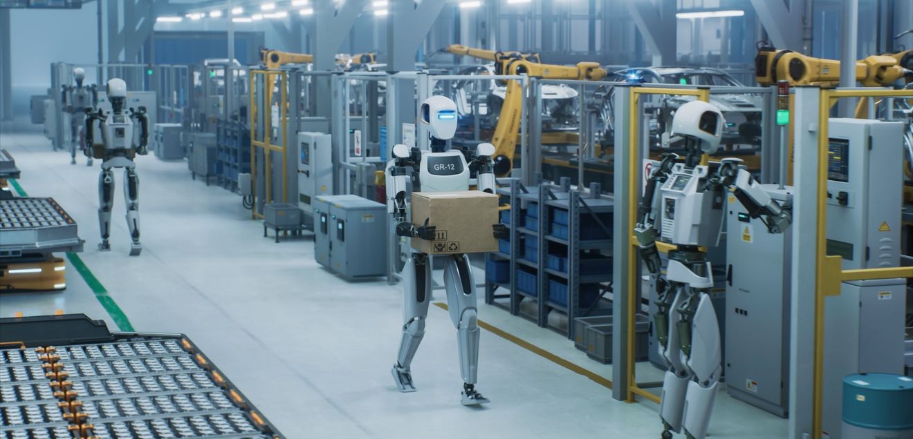 Humanoide Roboter arbeiten autonom in einer Fabrik