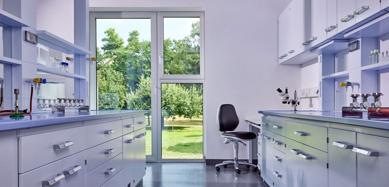 Tageslicht schafft eine angenehme Laboratmosphäre. Laborarbeitsplatz mit Beleuchtung durch natürliches Tageslicht, das durch ein großes Fenster in den Raum gelangt.