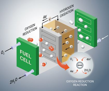Brennststoffzellen-Katalysatoren verstehen - Fritz-Haber-Institut Studie 2026 Schematische Darstellung einer Brennstoffzelle und der untersuchten elektrochemischen Prozesse.