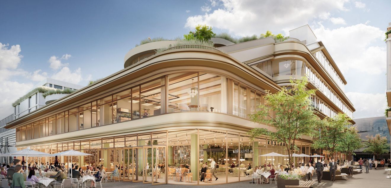 Das begrünte, begehbare Schrägdach mit Dachterrassen und die großen Panoramafenster verbinden das Gebäude optisch mit dem Schlossgarten. Das begrünte, begehbare Schrägdach mit Dachterrassen und die großen Panoramafenster verbinden das Gebäude optisch mit dem Schlossgarten.