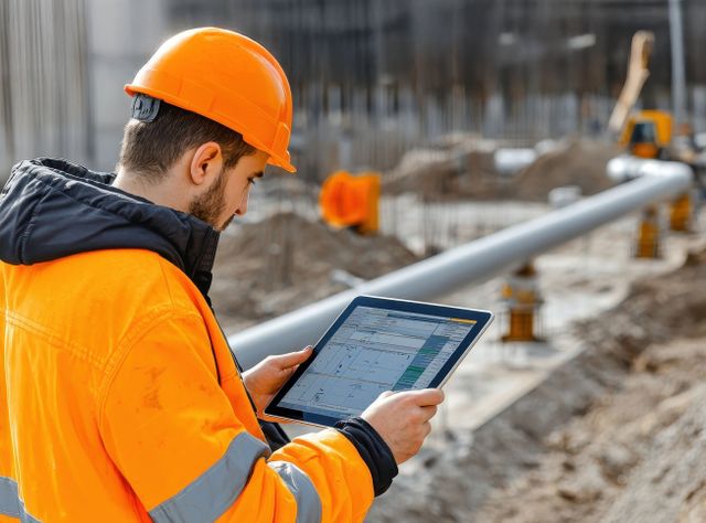 Ein Arbeiter hält auf einer Baustelle ein Tablet mit Viewpoint Field View von Trimble