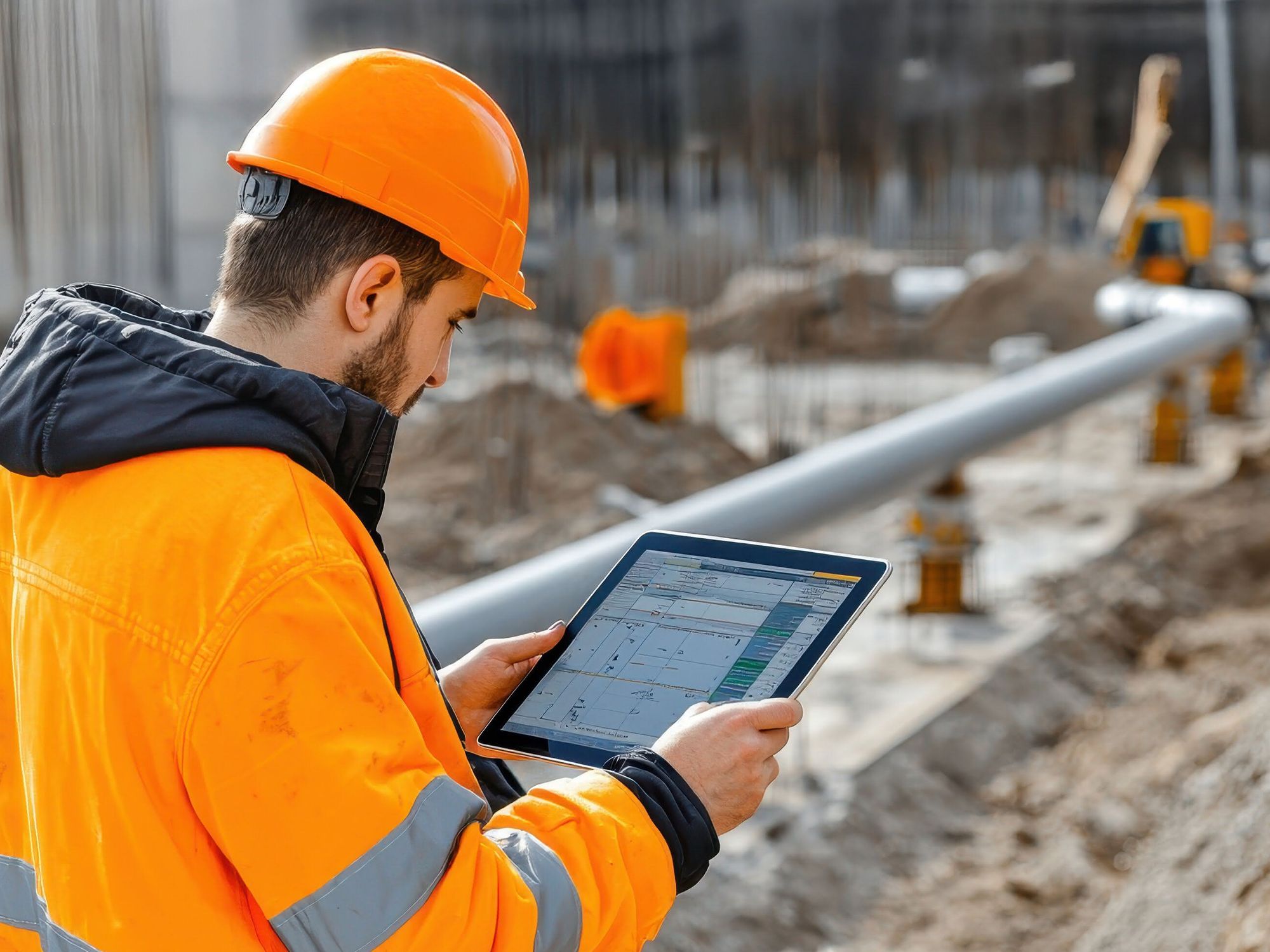 Ein Arbeiter hält auf einer Baustelle ein Tablet mit Viewpoint Field View von Trimble