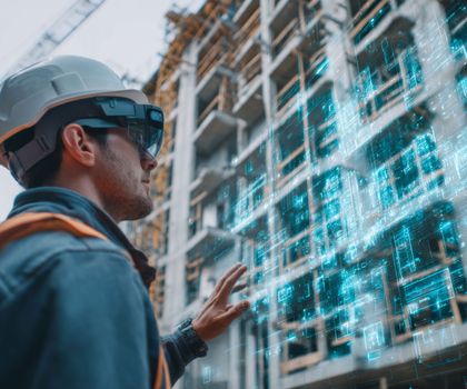 Bauarbeiter VR-Brille Ein Bauarbeiter betrachtet mithilfe einer VR-Brille eine Baustelle im 3D-Modell.