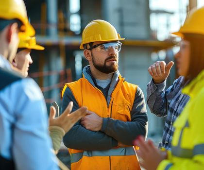 Baustelle Männliche und weibliche Bauleiter im intensiven Gespräch auf einer Baustelle.
