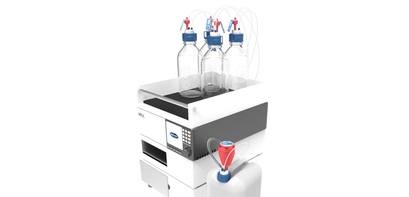 Von Gefahren und Schutzmaßnahmen: Lösungsmittel Versorgungsbehälter und Abfallbehälter mit Sicherheitsverschlüssen für die HPLC