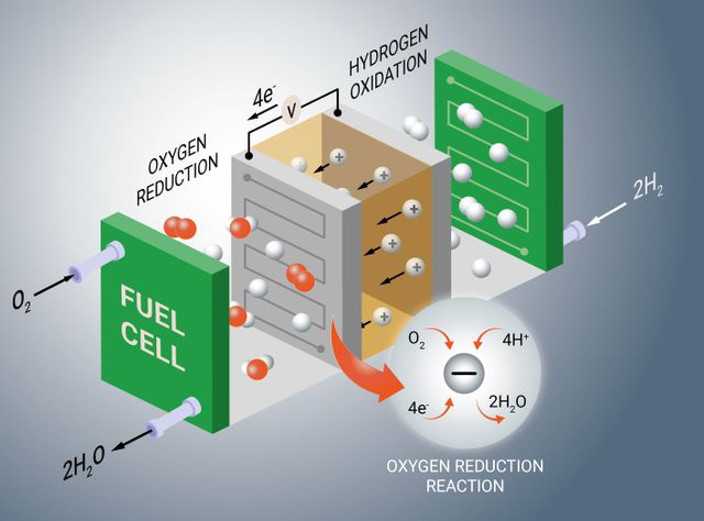 Brennststoffzellen-Katalysatoren verstehen - Fritz-Haber-Institut Studie 2026 Schematische Darstellung einer Brennstoffzelle und der untersuchten elektrochemischen Prozesse.