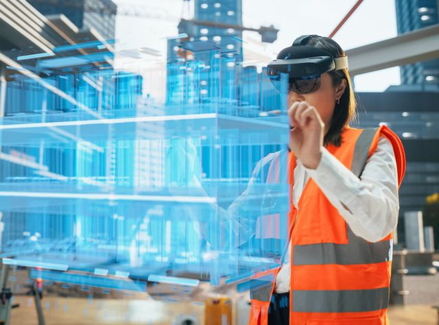 Eine Bauarbeiterin auf einer Baustelle, die durch eine VR-Brille einen Plan betrachtet