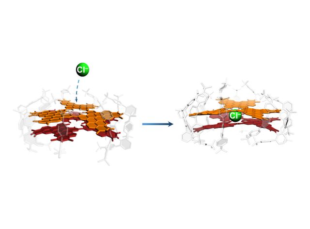 Das Würzburger Modellsystem aus zwei Nanographenschichten, das durch einen Defekt im Kristallgitter Chlorid-Ionen (grün) aufnehmen und binden kann.