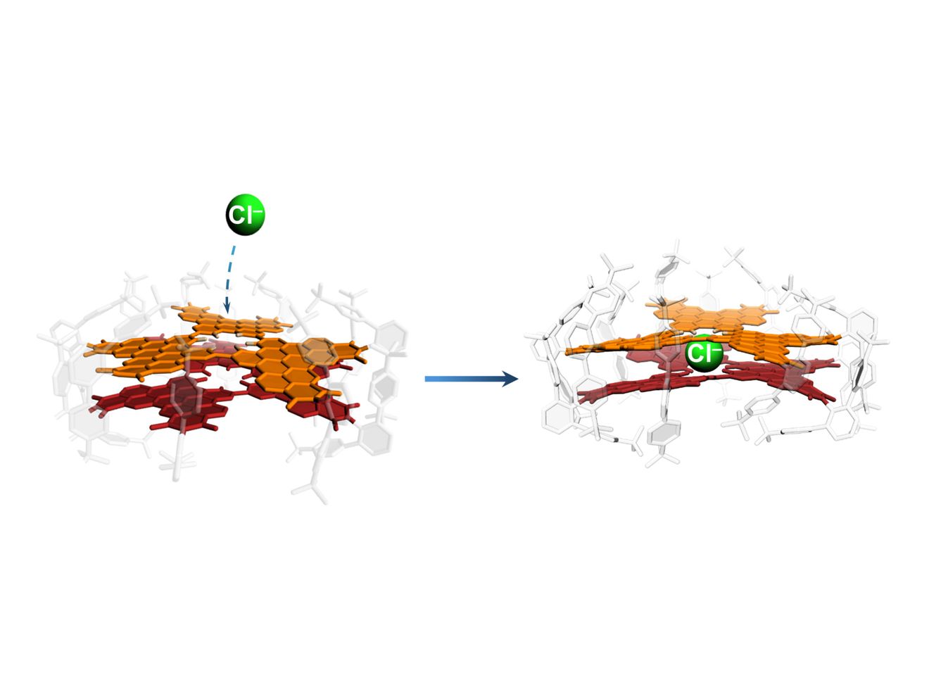 Das Würzburger Modellsystem aus zwei Nanographenschichten, das durch einen Defekt im Kristallgitter Chlorid-Ionen (grün) aufnehmen und binden kann. Das Würzburger Modellsystem aus zwei Nanographenschichten, das durch einen Defekt im Kristallgitter Chlorid-Ionen (grün) aufnehmen und binden kann.