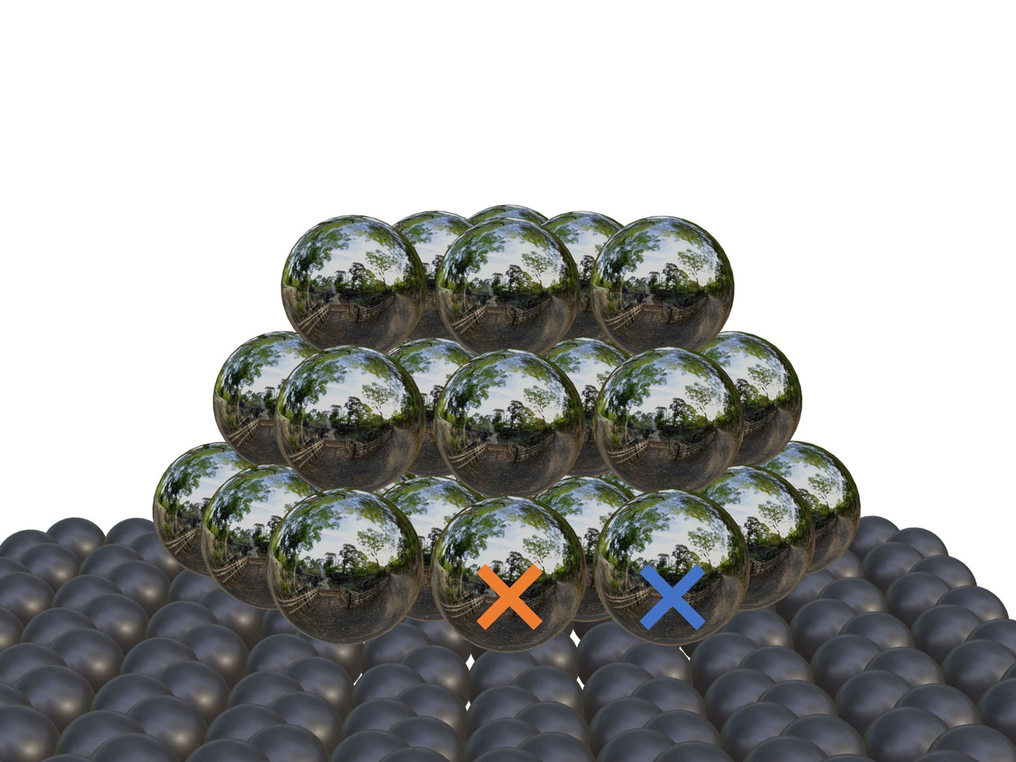 Ein winziger Nanopartikel aus Silber (spiegelnde Atome oben) auf einem Kohlenstoff-Träger. Besonders aktiv sind genau die Positionen des Grenzbereichs (farbige Markierungen).