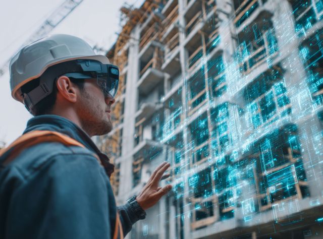Ein Bauarbeiter betrachtet mithilfe einer VR-Brille eine Baustelle im 3D-Modell.