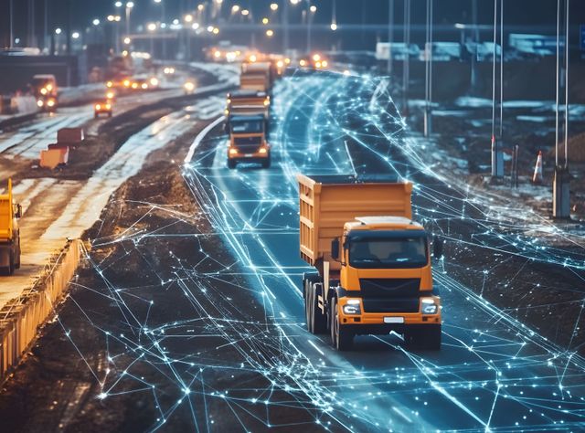 Lastwagen fahre über eine Straße mit digitalem Gitternetz