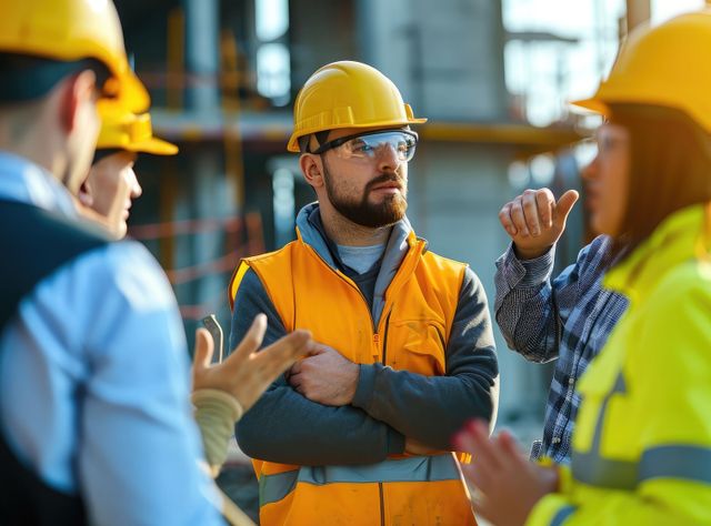 Männliche und weibliche Bauleiter im intensiven Gespräch auf einer Baustelle.