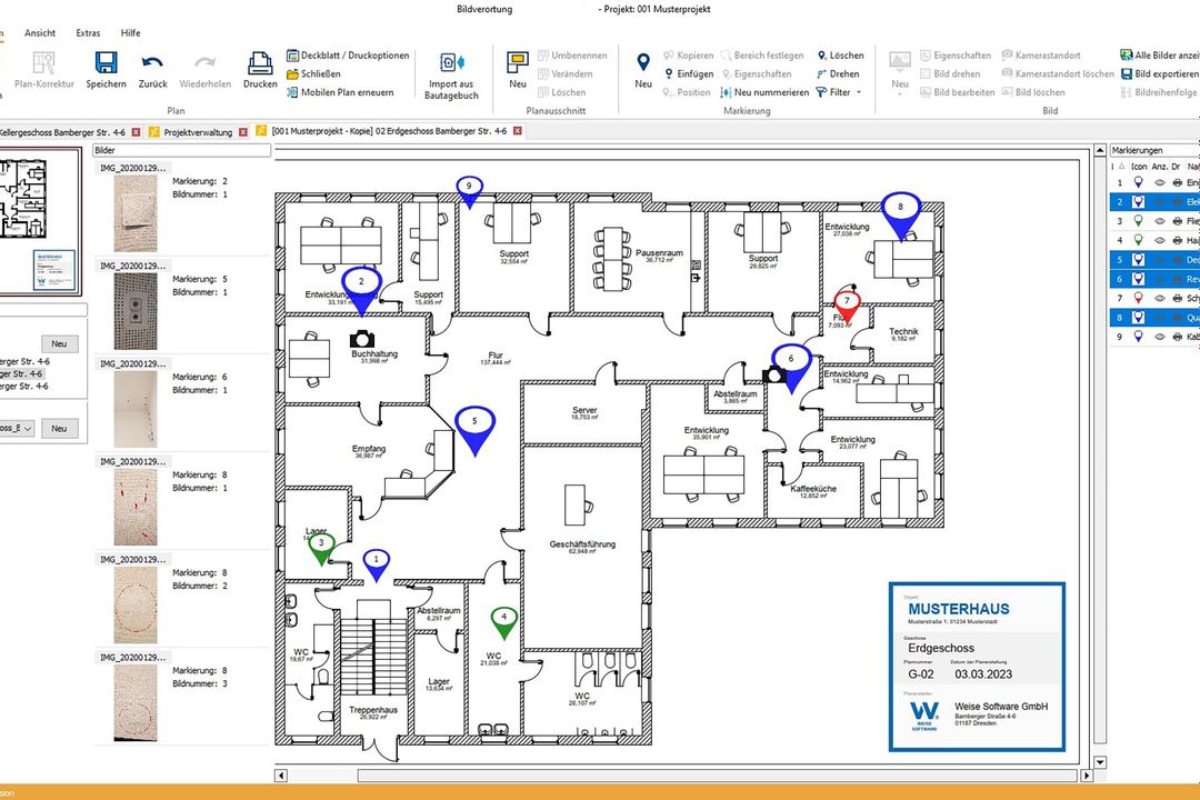 Weise Software Blick auf Bildverortung 2026 von Weise Software, zu sehen ist ein Plan eines Hauses