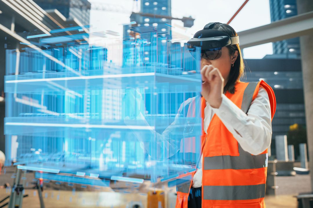 Eine Bauarbeiterin auf einer Baustelle, die durch eine VR-Brille einen Plan betrachtet
