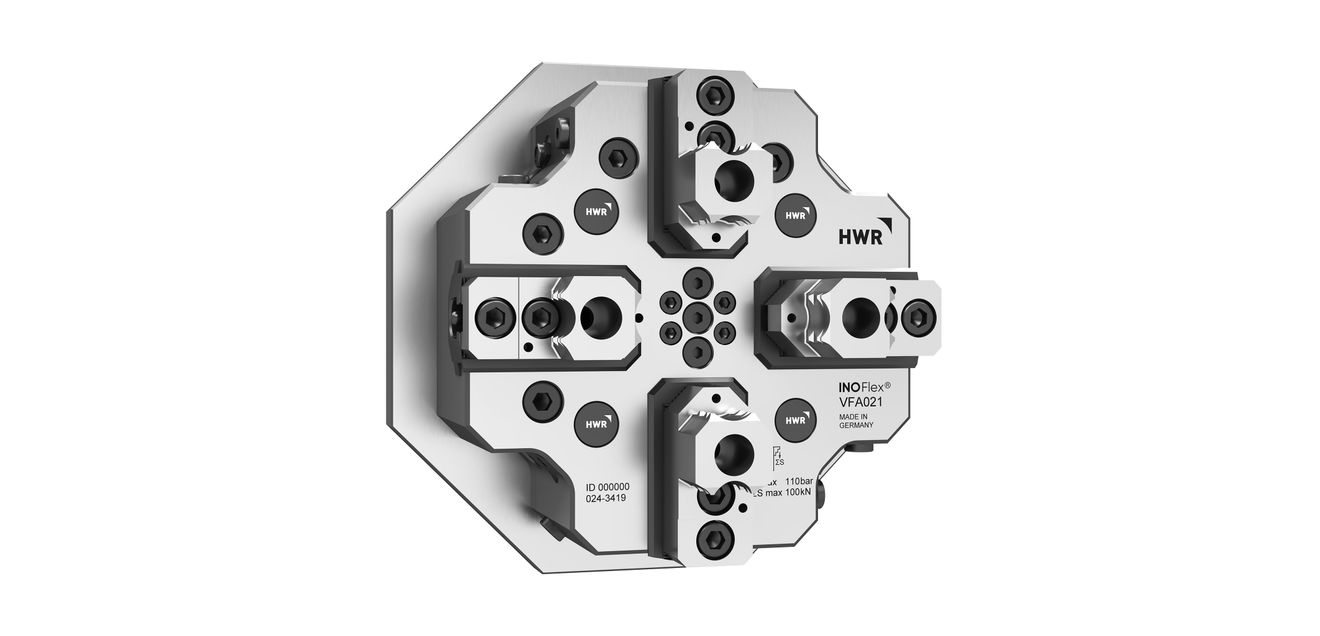 Hydraulic 4-jaw chuck from HWR Spanntechnik for automated workpiece clamping Hydraulic 4-jaw chuck from HWR Spanntechnik for automated workpiece clamping