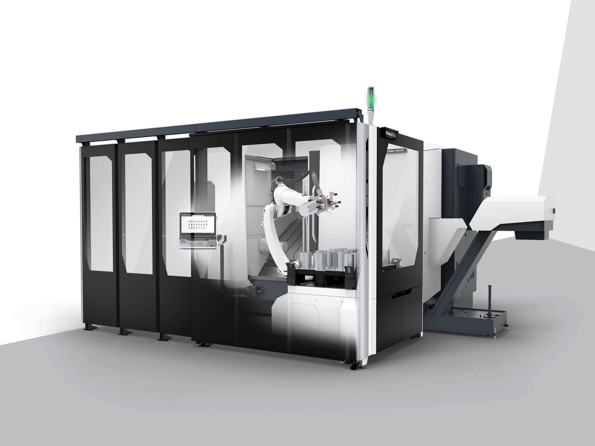 In-house exhibition at DMG Mori in Pfronten The 3rd generation Robo2Go expands DMG MORI's automation portfolio and opens up access to flexible, scalable concepts for manufacturing companies with a wide variety of orders, which can be easily retrofitted if required.