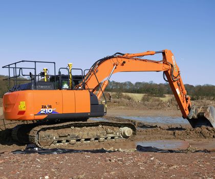 Ein Hitachi-Bagger mit der Ausrüstung von Trimble