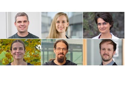 Sie erhalten ERC Starting Grants (im Uhrzeigersinn): Jerome Beetz, Mona Garvert, Beatrice Baragli, Jake Greenfield, Jens Hör und Jacqueline Degen.