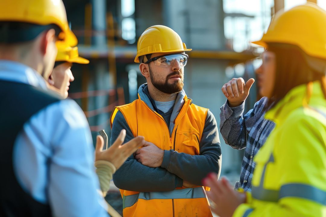 Männliche und weibliche Bauleiter im intensiven Gespräch auf einer Baustelle.