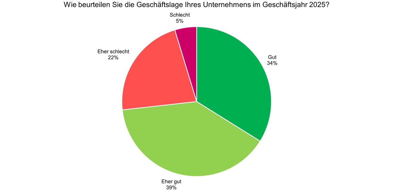 Tortendiagramm in Grün, Orange und Lial zur Verdeutlichung der Einschätzung des Geschäftsjahres 2025 Tortendiagramm in Grün, Orange und Lial zur Verdeutlichung der Einschätzung des Geschäftsjahres 2025