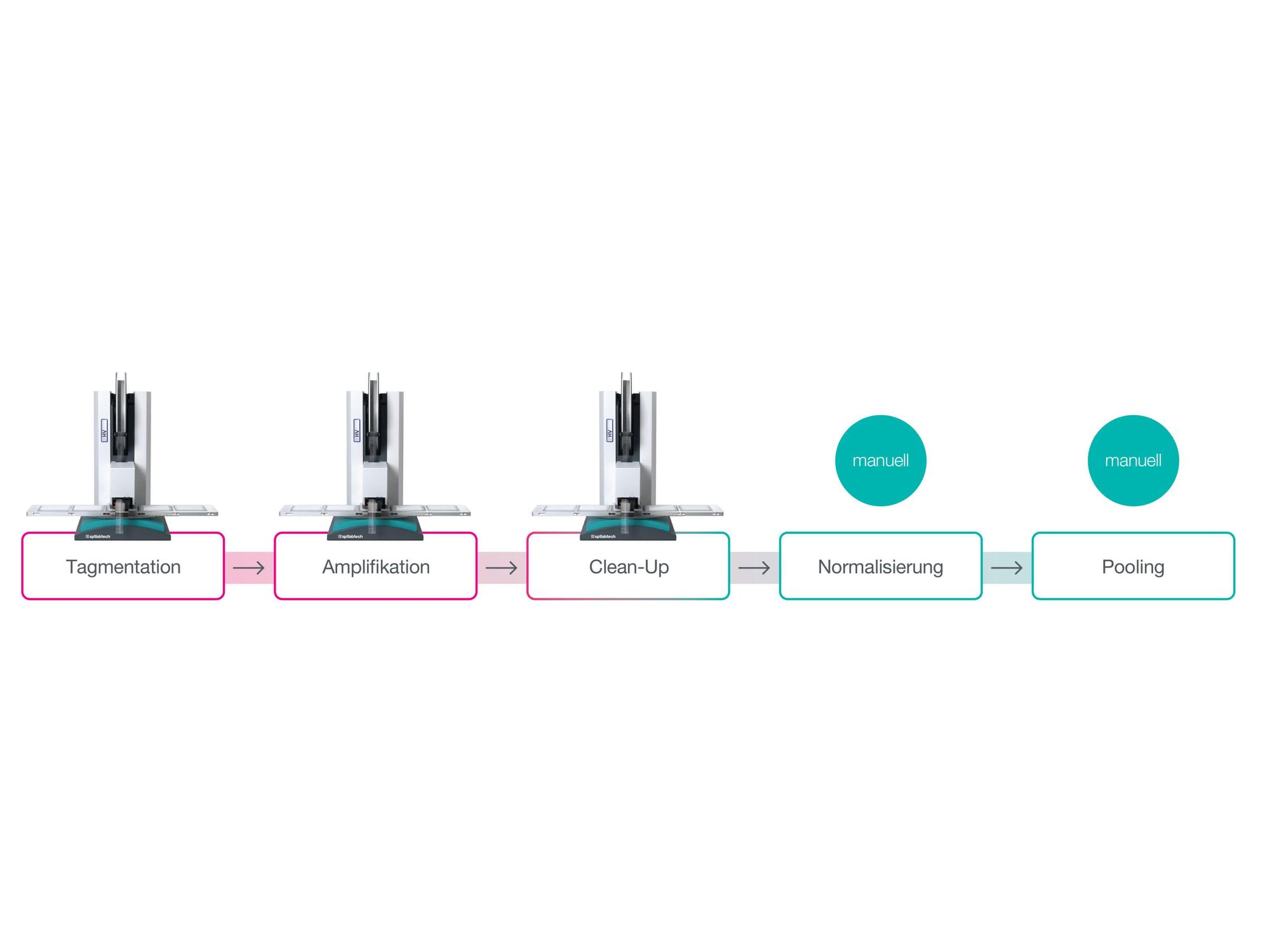 Darstellung zum 5-fach miniaturisierten Nextera XT-Protokoll Darstellung zum 5-fach miniaturisierten Nextera XT-Protokoll; pre-PCR in Farbe Pink und post-PCR in Türkis.